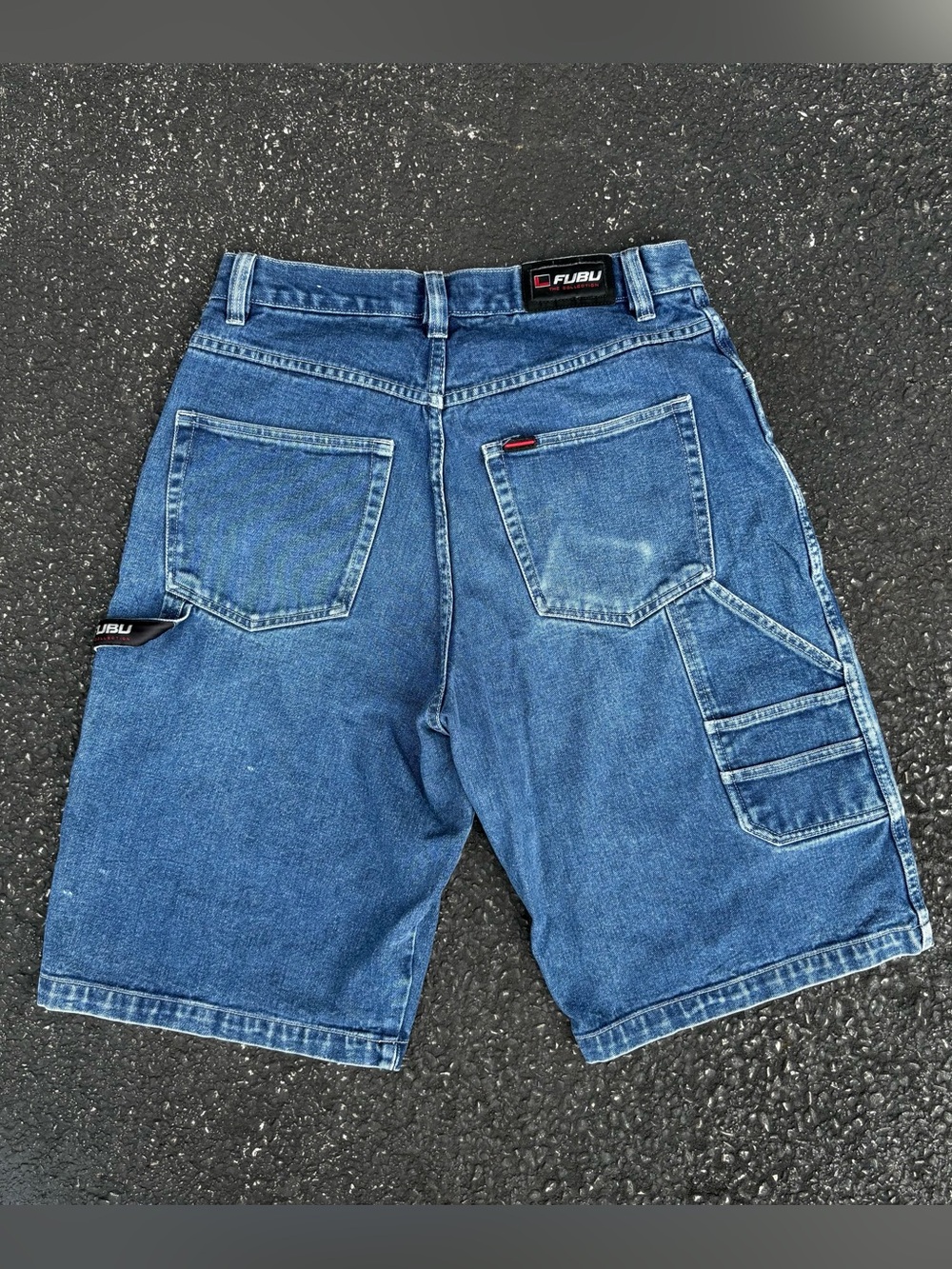 Vintage FUBU Blue Denim Baggy Carpenter Embroidered Jean Shorts Size 32 Skater